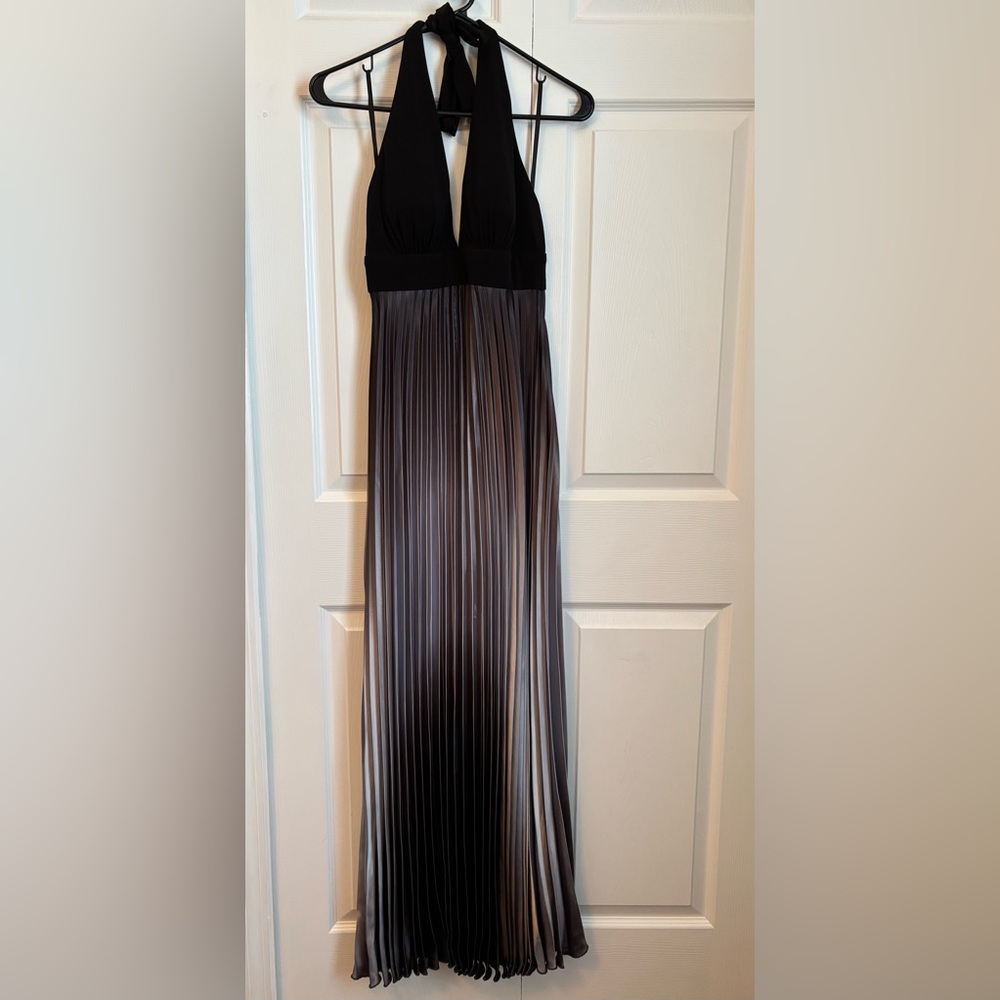Black and Silver Pleated Halter Prom Dress | Betsy and Adam